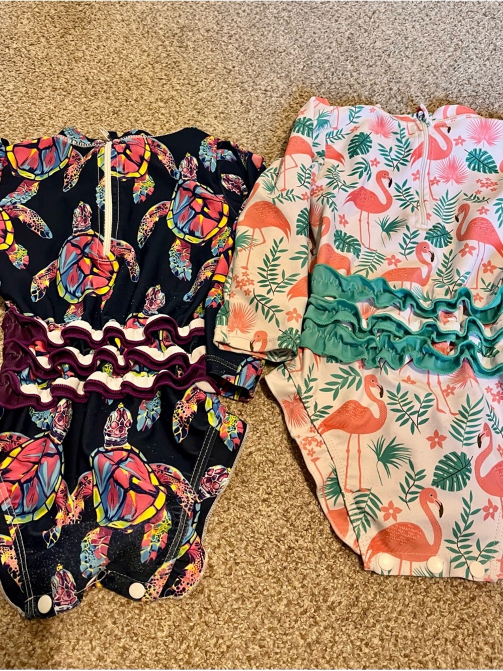 Girls Rash Guard One-Piece Swim Set - Turtle Print Navy & Flamingo Pink 18 month